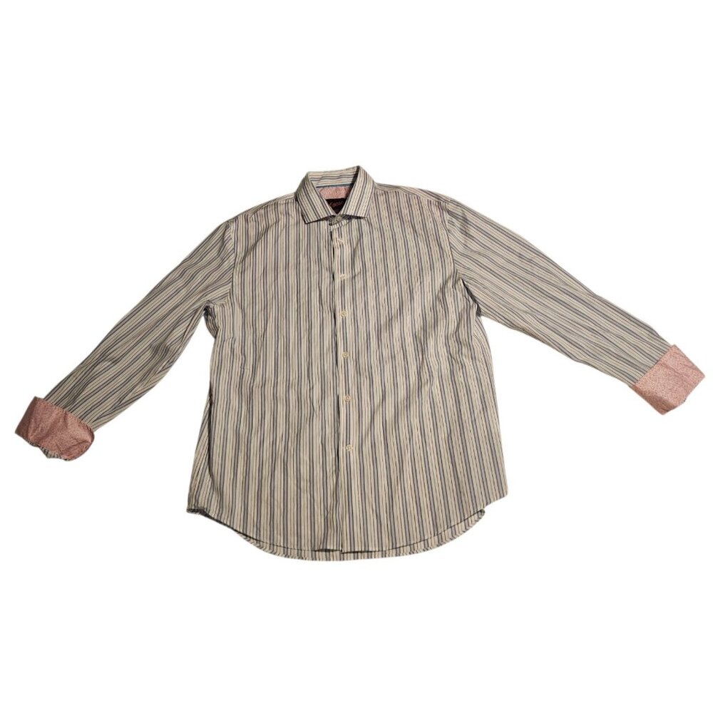 Egara Shirt Blue Striped Pink‎ Flip Cuffs Modern Fit Stretch Mens Large